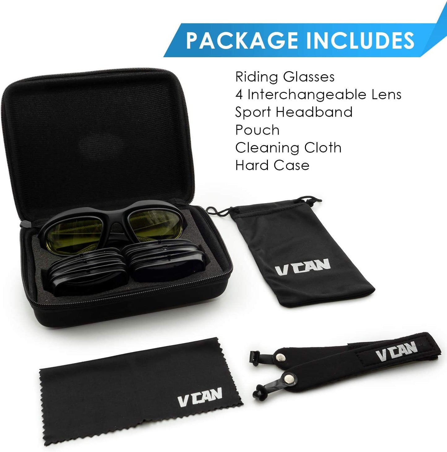 V-TS211 Polarized Motorcycle Riding Glasses Black Frame with 4 Lens Kit