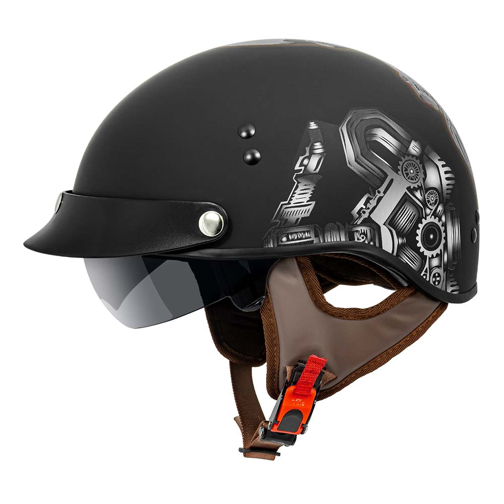 black red skull motorcycle helmet VCAN V58 Cruiser Half Face Motorcycle Helmets with Drop-Down Sunglasses / DOT Approved / FMVSS No. 218 Certified – Vcan