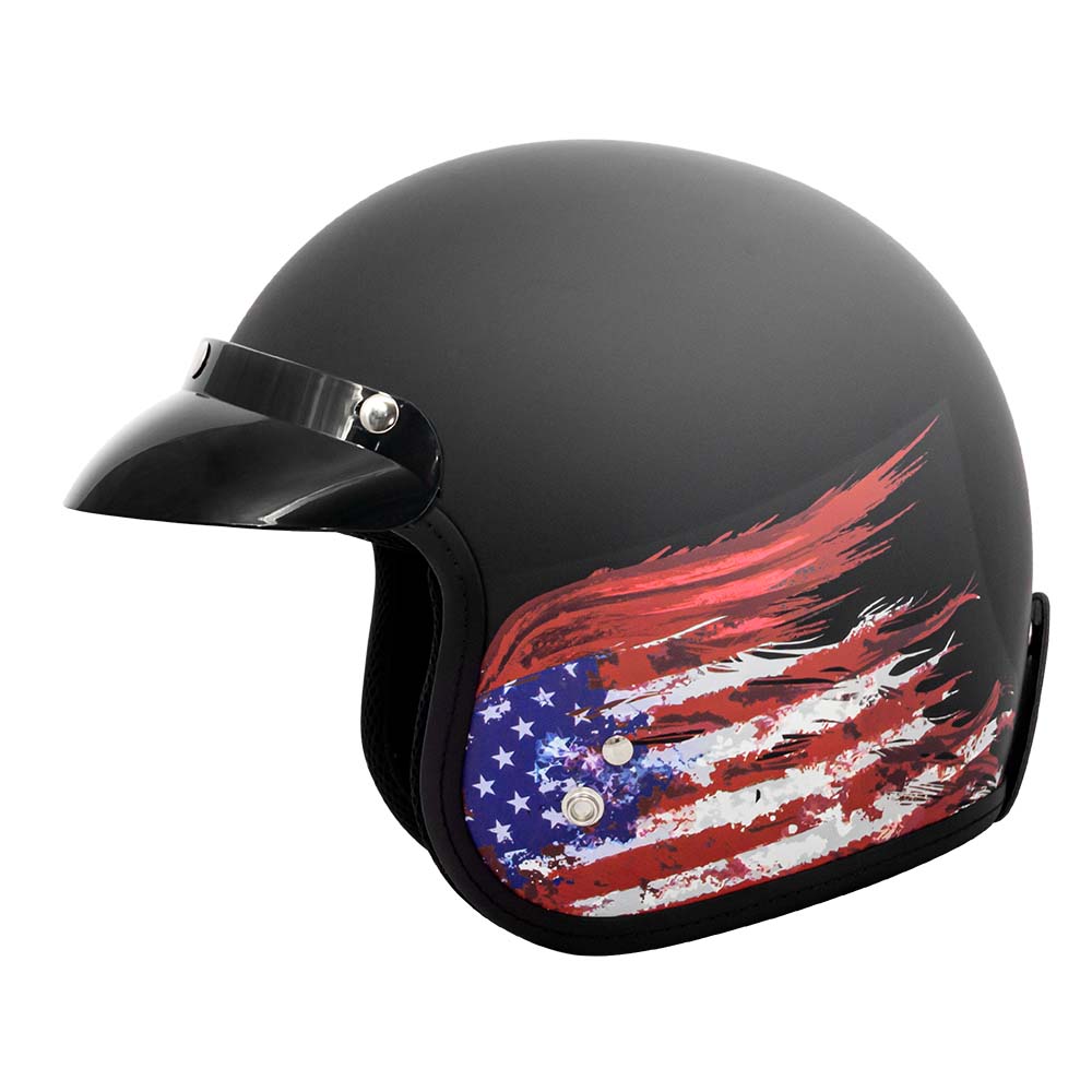 VCAN V85C 3/4 Open Face Motorcycle Helmets / DOT Approved Flat Black / Flag / 23